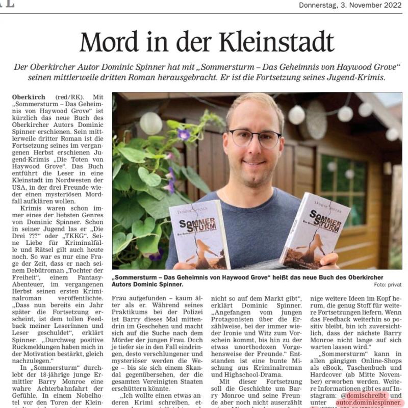 Presseschau: „Oberkircher schreibt seinen dritten&nbsp;Krimi“